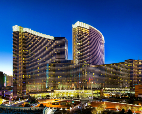 An aerial shot of the Aria hotel in Las Vegas